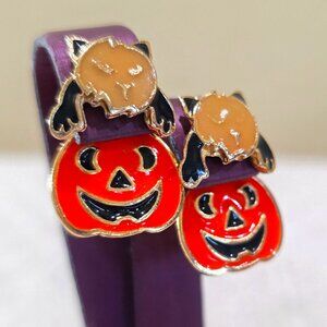 Vintage Pumpkin Cat Kitty Signed Gold Halloween Spooky Cute Pierced Earrings
